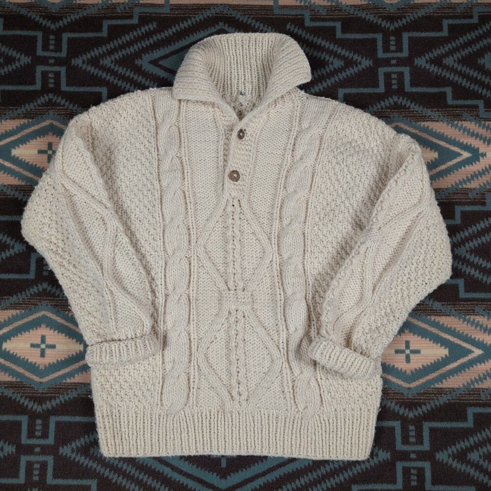 Vintage Hand Knitted Oversized Fisherman Style Cardigan Sweater Cream Large